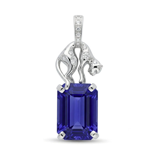 14K gold emerald cut blue wing tanzanite pendant with VS white diamonds