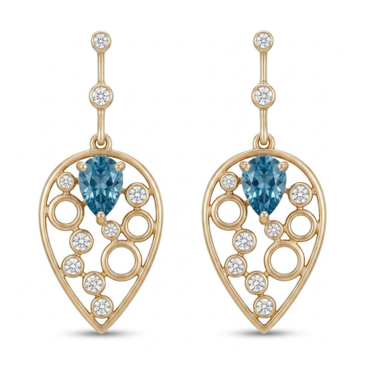 14K 1.85cttw Pear Shape Blue Zircon 0.35cttw VS White Diamonds Drop Earrings