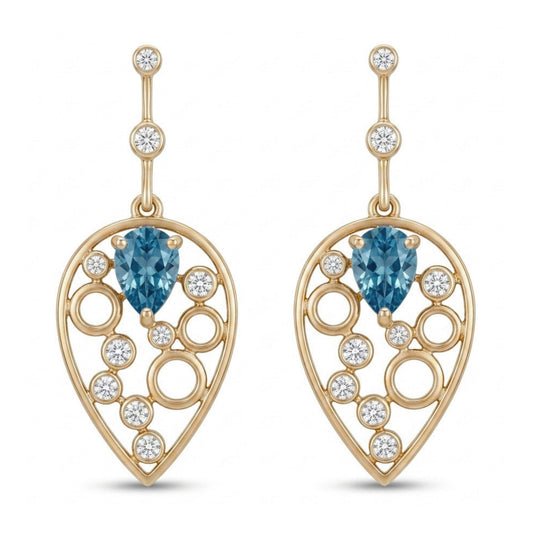 14K 1.85cttw Pear Shape Blue Zircon 0.35cttw VS White Diamonds Drop Earrings