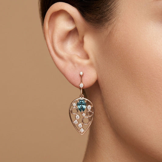 14K 1.85cttw Pear Shape Blue Zircon 0.35cttw VS White Diamonds Drop Earrings