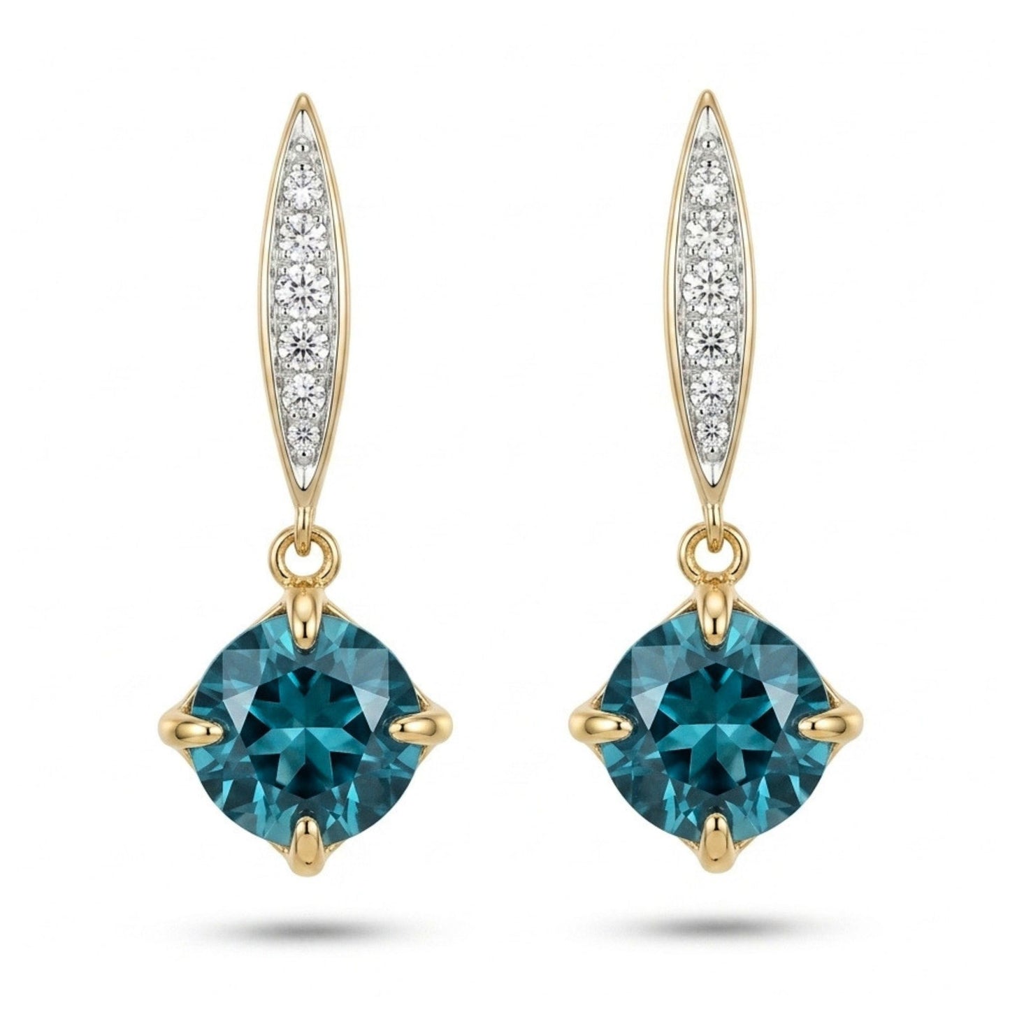 14K 4.13cttw Cushion Blue Zircon 0.18cttw White Diamonds Drop Earrings