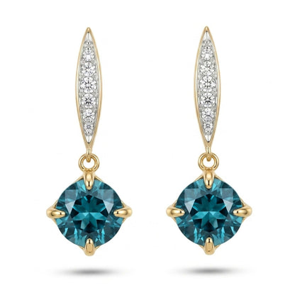 14K 4.13cttw Cushion Blue Zircon 0.18cttw White Diamonds Drop Earrings
