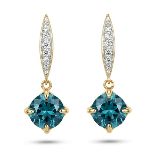 14K 4.13cttw Cushion Blue Zircon 0.18cttw White Diamonds Drop Earrings