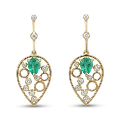 14K 1.05cttw Pear Shape Colombian Emerald 0.35cttw VS White Diamonds Drop Earrings