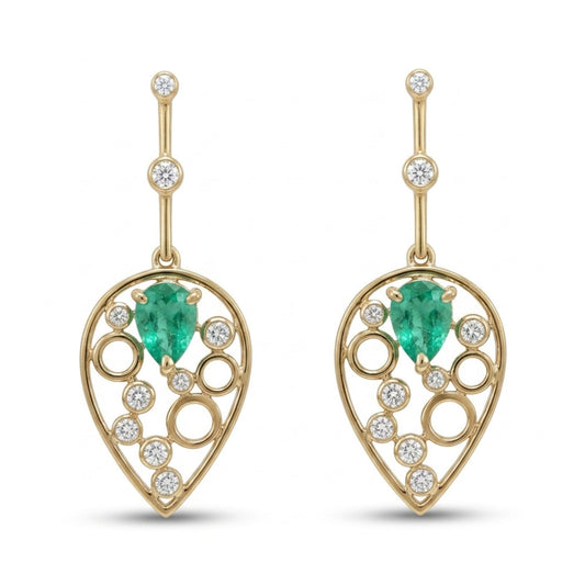 14K 1.05cttw Pear Shape Colombian Emerald 0.35cttw VS White Diamonds Drop Earrings