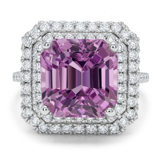 14K 4.70ct Asscher Cut Kunzite 0.58cttw VS White Diamonds Ring