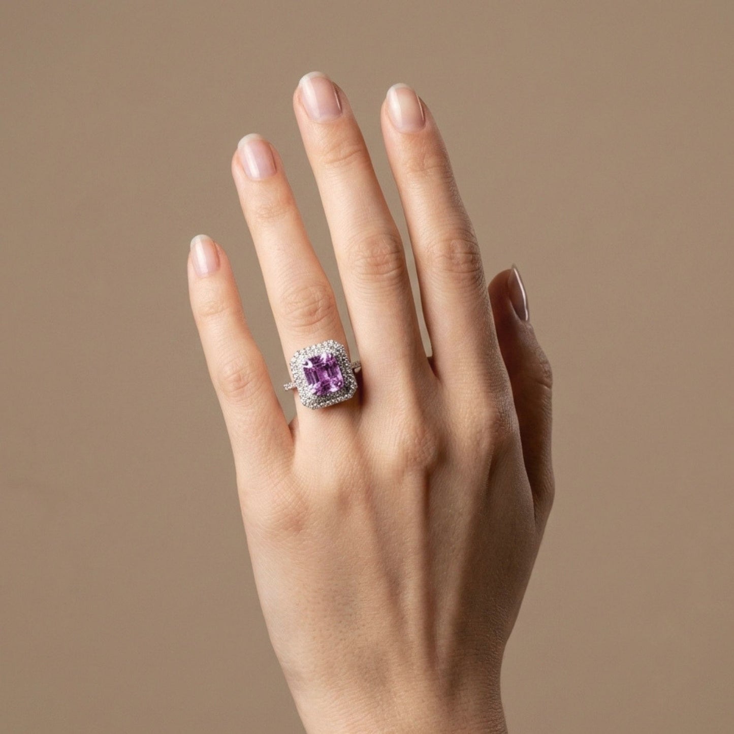 14K 4.70ct Asscher Cut Kunzite 0.58cttw VS White Diamonds Ring