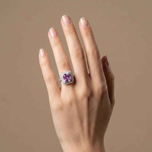 14K 4.70ct Asscher Cut Kunzite 0.58cttw VS White Diamonds Ring