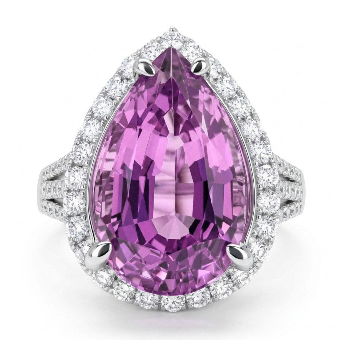 14K 5.70ct Pear Shape Kunzite 0.60cttw VS White Diamonds Ring