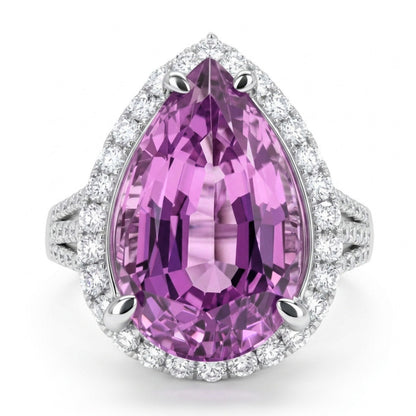 14K 5.70ct Pear Shape Kunzite 0.60cttw VS White Diamonds Ring