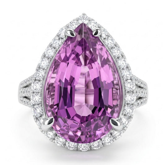 14K 5.70ct Pear Shape Kunzite 0.60cttw VS White Diamonds Ring