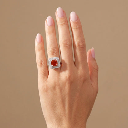 14K 1.22ct Asscher Cut Fire Opal 0.58cttw VS White Diamonds Ring