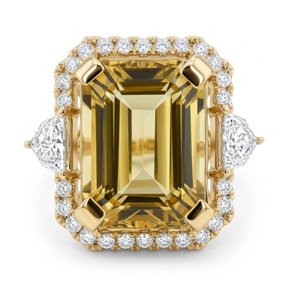 14K 5.50ct Emerald Cut Yellow Tourmaline 0.55cttw VS White Diamonds Ring