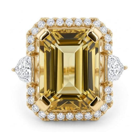 14K 5.50ct Emerald Cut Yellow Tourmaline 0.55cttw VS White Diamonds Ring