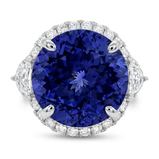 14K 9.09ct Round Blue Wing Tanzanite 0.75cttw VS White Diamonds Ring