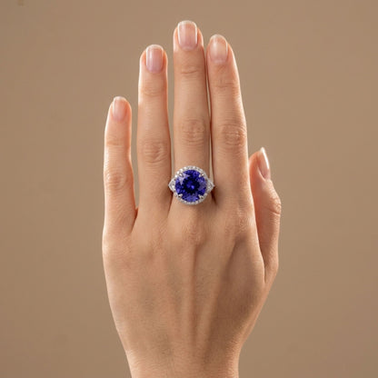 14K 9.09ct Round Blue Wing Tanzanite 0.75cttw VS White Diamonds Ring