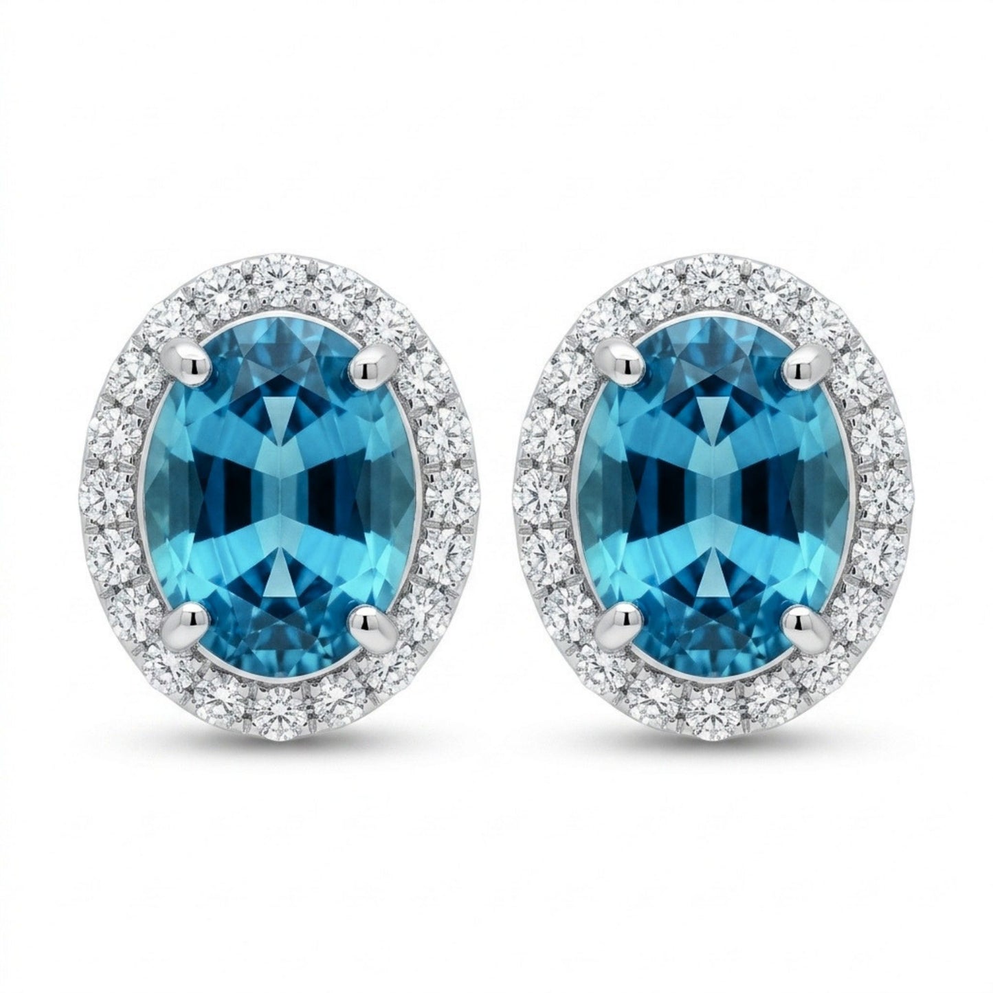 14K 3.42cttw Oval Blue Zircon 0.40cttw White Diamonds Stud Earrings