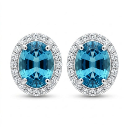 14K 3.42cttw Oval Blue Zircon 0.40cttw White Diamonds Stud Earrings