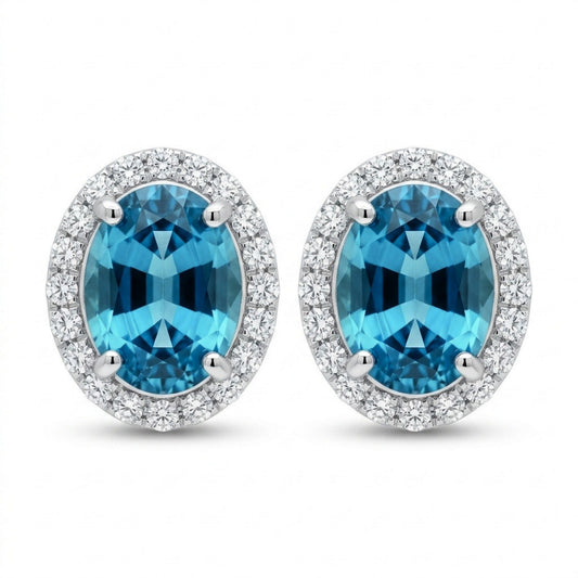 14K 3.42cttw Oval Blue Zircon 0.40cttw White Diamonds Stud Earrings