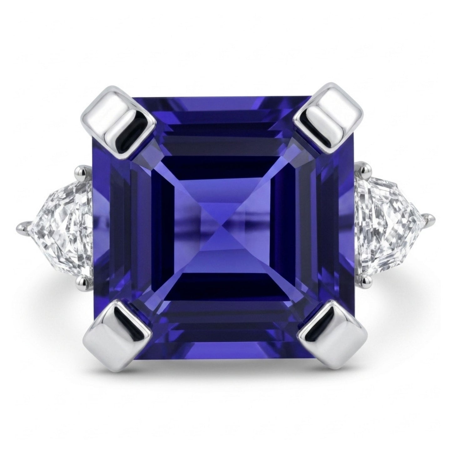 14K 6.28ct Asscher Cut Blue Wing Tanzanite 0.35cttw VS White Diamond Ring