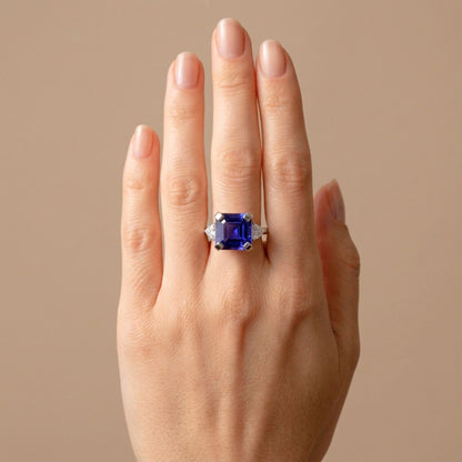 14K 6.28ct Asscher Cut Blue Wing Tanzanite 0.35cttw VS White Diamond Ring