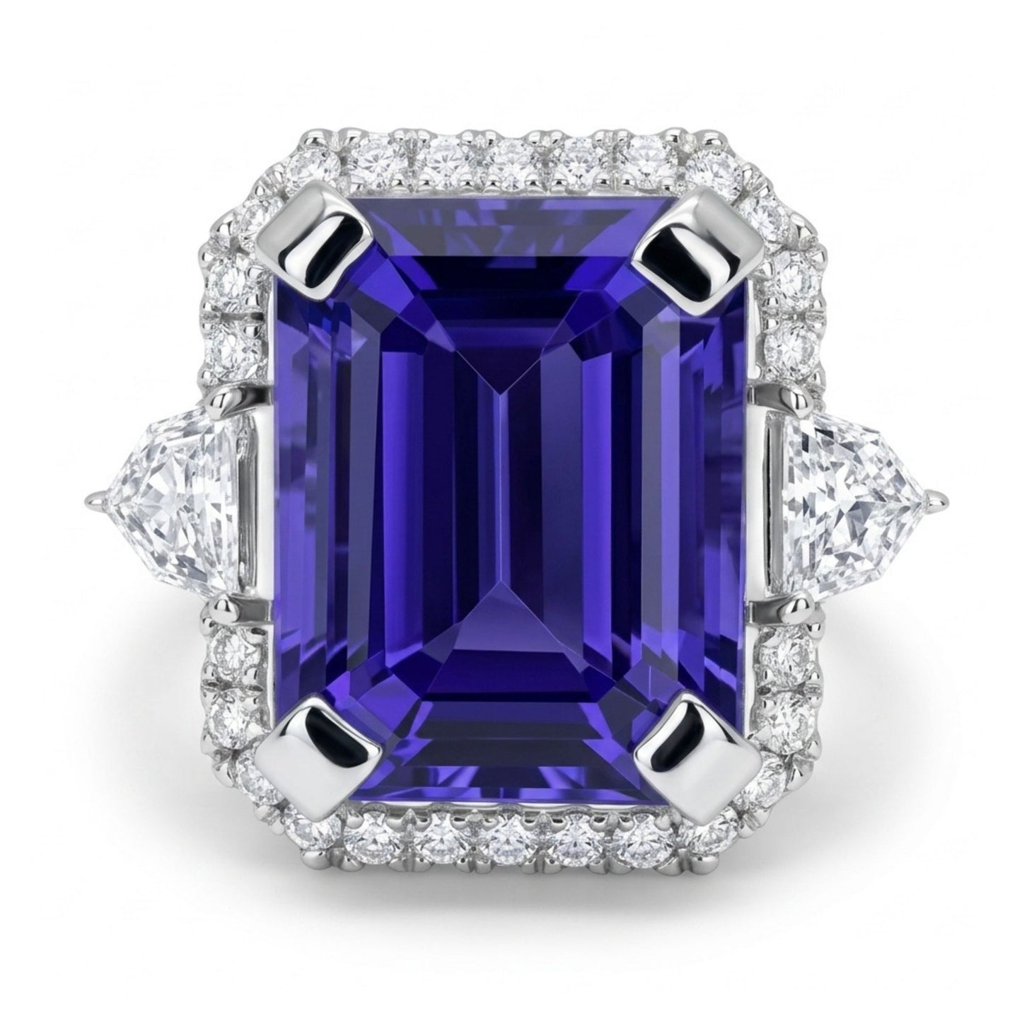 14K 7.11ct Emerald Cut Blue Wing Tanzanite 0.55cttw VS White Diamonds Ring