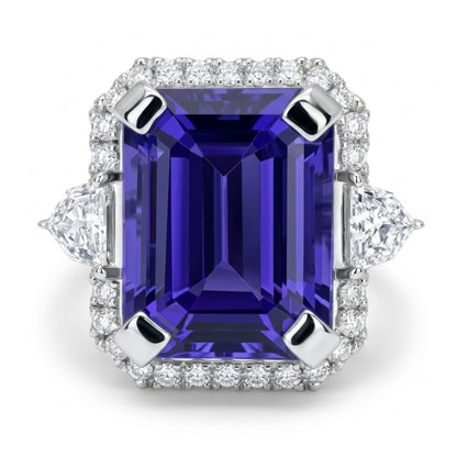 14K 7.11ct Emerald Cut Blue Wing Tanzanite 0.55cttw VS White Diamonds Ring