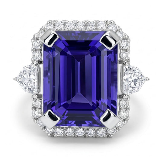 14K 7.11ct Emerald Cut Blue Wing Tanzanite 0.55cttw VS White Diamonds Ring