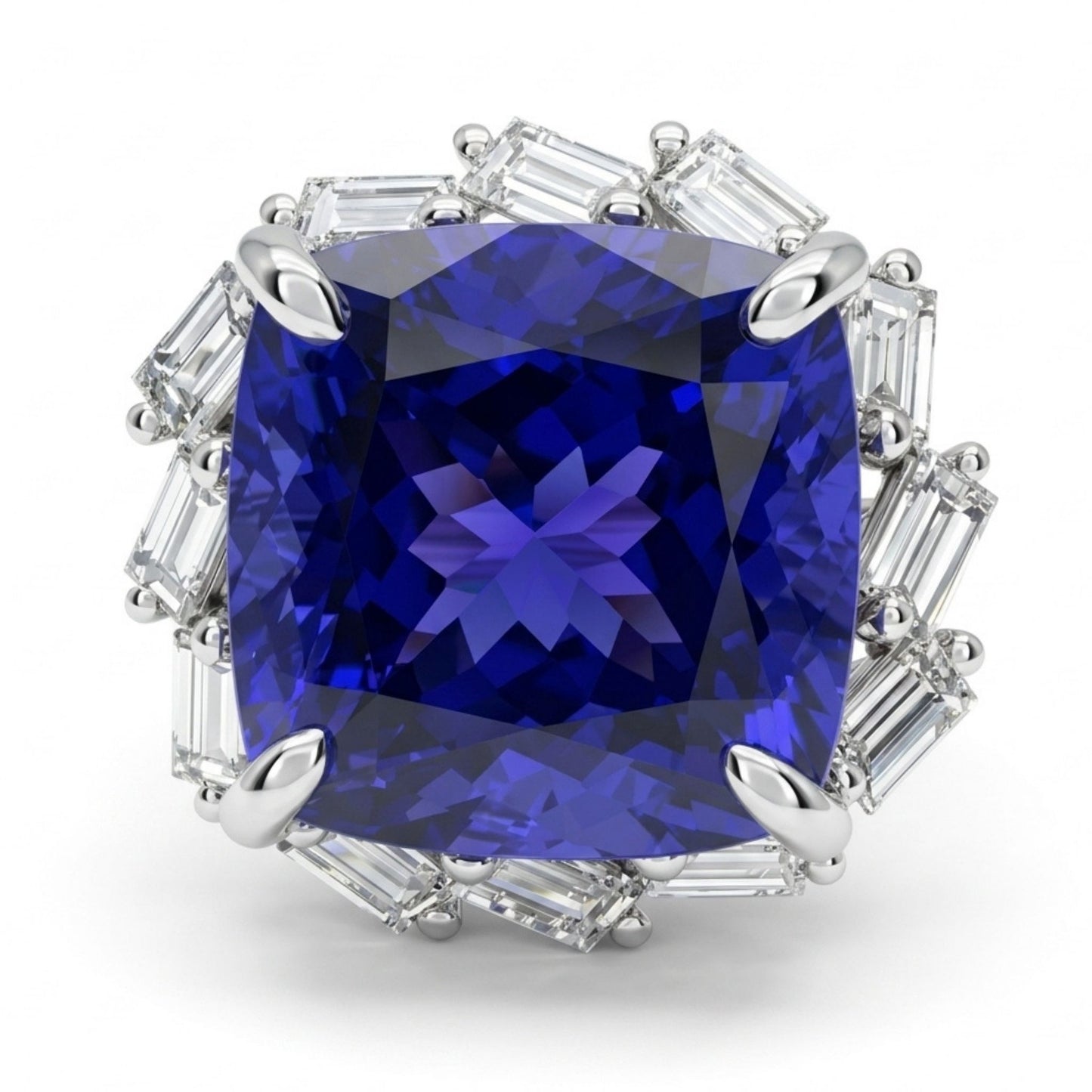 14K 11.11ct Cushion Blue Wing Tanzanite 1.15cttw VS White Diamond Ring