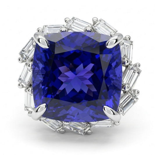 14K 11.11ct Cushion Blue Wing Tanzanite 1.15cttw VS White Diamond Ring