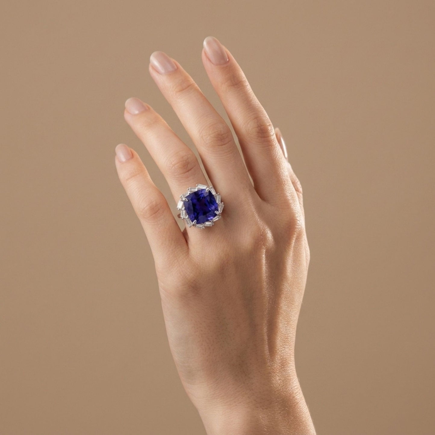 14K 11.11ct Cushion Blue Wing Tanzanite 1.15cttw VS White Diamond Ring