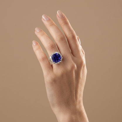 14K 11.11ct Cushion Blue Wing Tanzanite 1.15cttw VS White Diamond Ring