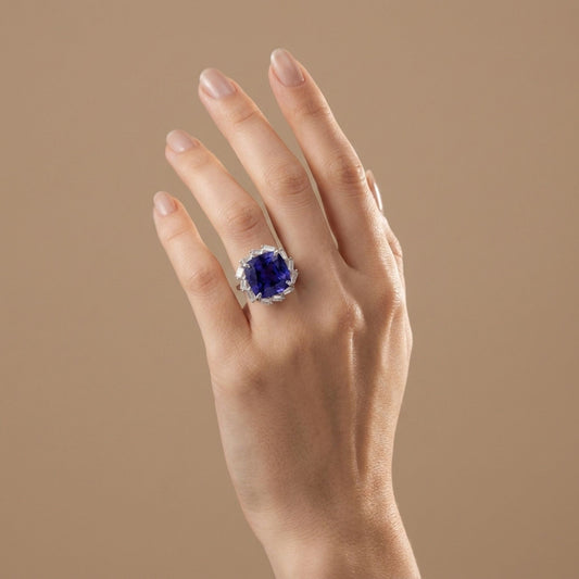 14K 11.11ct Cushion Blue Wing Tanzanite 1.15cttw VS White Diamond Ring