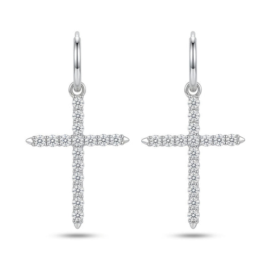 14K 1.00cttw Round VS White Diamond Cross Drop Earrings