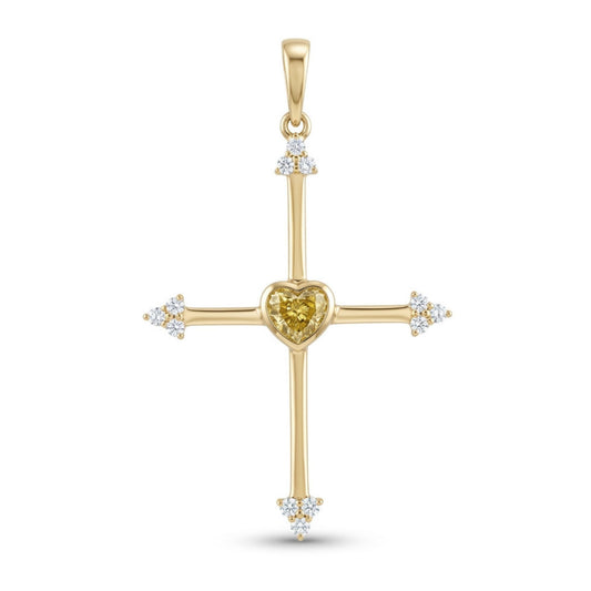 14K 0.50ct Heart Shape VS Yellow Diamond 0.18cttw VS White Diamond Cross Pendant