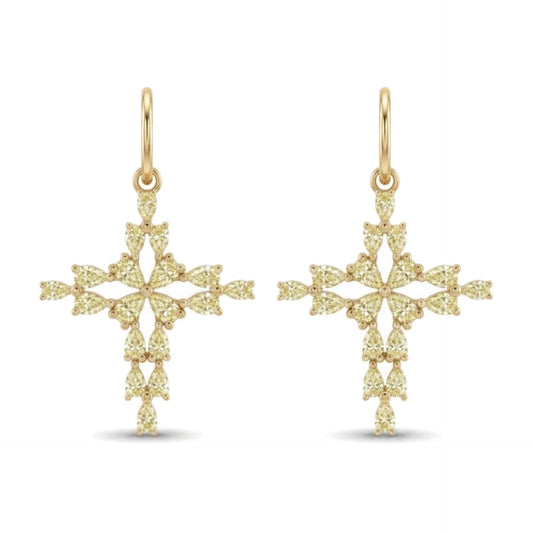 14K gold pear shape VS yellow diamond cross drop earrings