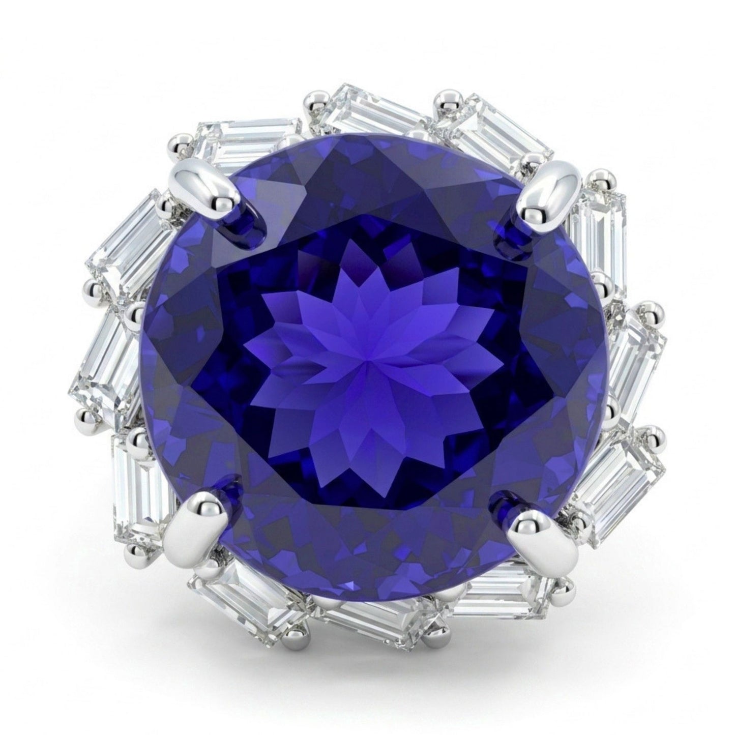 14K 12.74ct Round Blue Wing Tanzanite 1.15cttw Baguette White Diamonds Ring