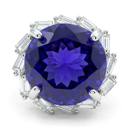 14K 12.74ct Round Blue Wing Tanzanite 1.15cttw Baguette White Diamonds Ring