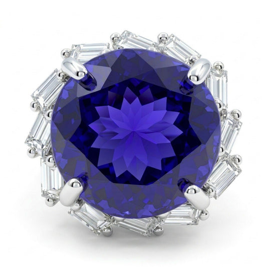14K 12.74ct Round Blue Wing Tanzanite 1.15cttw Baguette White Diamonds Ring