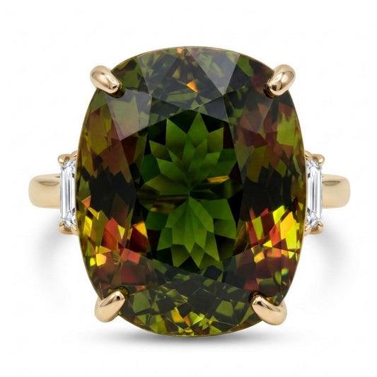 14K 14.70ct Cushion Color Change Sphene 0.5cttw White Diamonds Ring