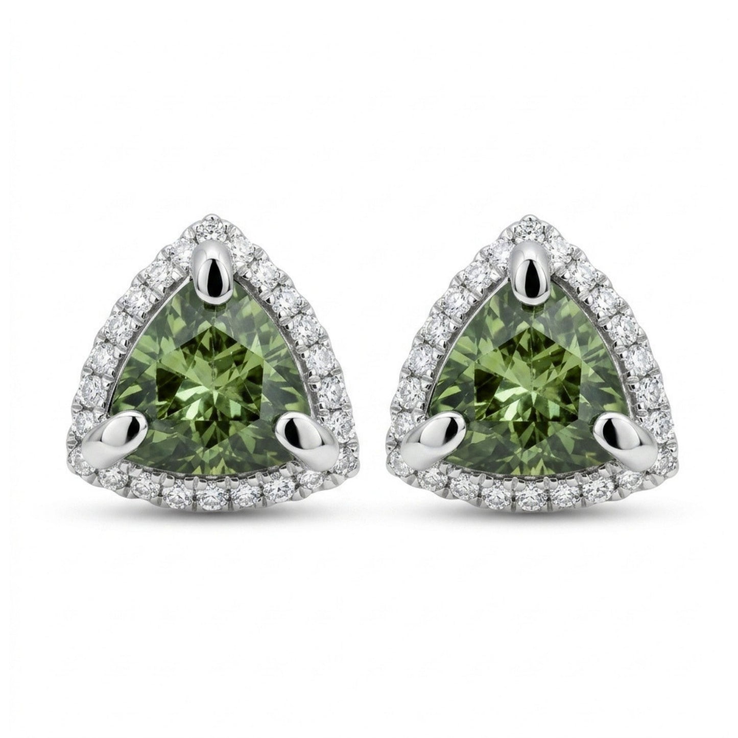 14K 1.53cttw Trilliant Nigerian Demantoid 0.19cttw VS White Diamonds Stud Earrings