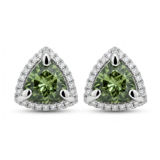 14K 1.53cttw Trilliant Nigerian Demantoid 0.19cttw VS White Diamonds Stud Earrings