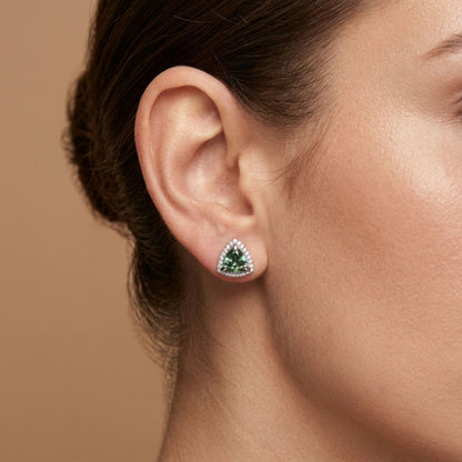 14K 1.53cttw Trilliant Nigerian Demantoid 0.19cttw VS White Diamonds Stud Earrings