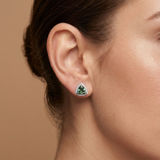 14K 1.53cttw Trilliant Nigerian Demantoid 0.19cttw VS White Diamonds Stud Earrings