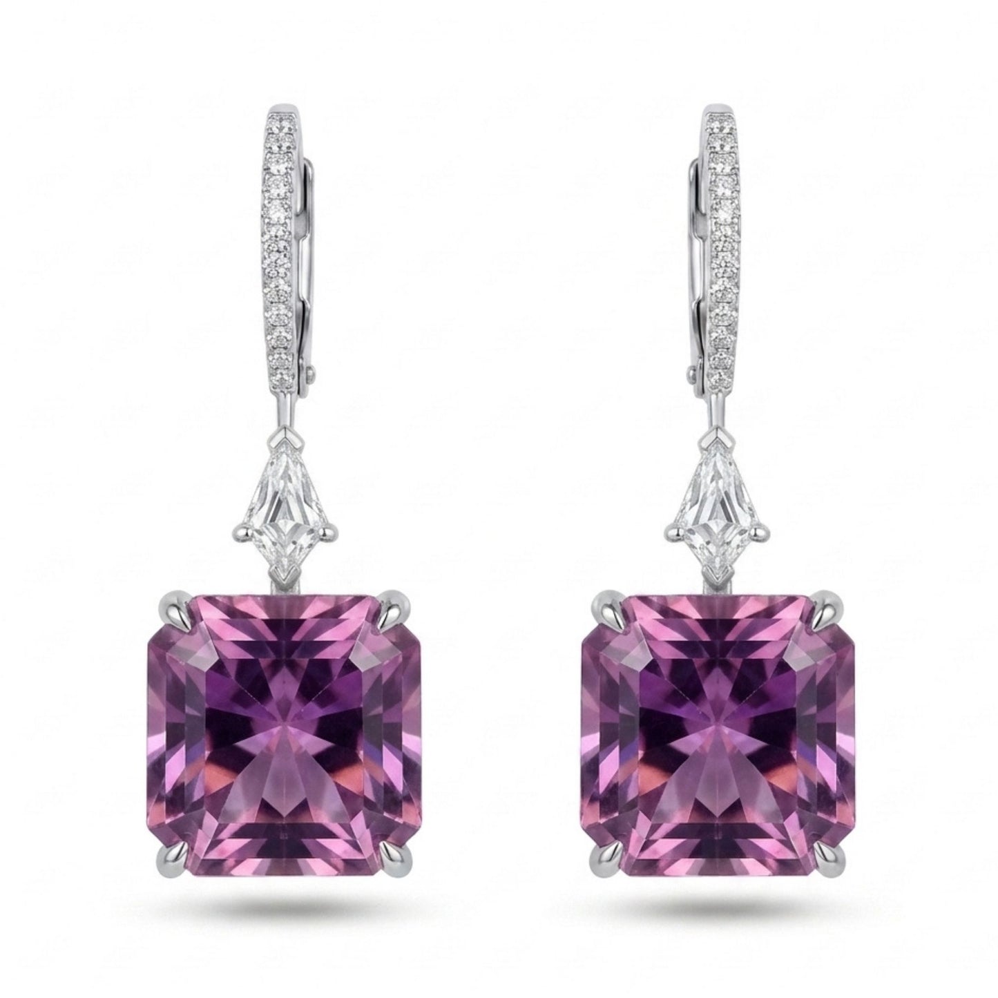 18K 11.78cttw Radiant Cut Kunzite 0.42cttw White Diamonds Drop Earrings