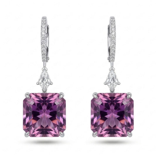 18K 11.78cttw Radiant Cut Kunzite 0.42cttw White Diamonds Drop Earrings