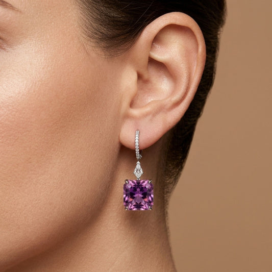18K 11.78cttw Radiant Cut Kunzite 0.42cttw White Diamonds Drop Earrings