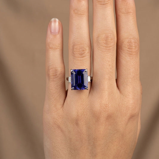 14K 12.02ct Emerald Cut Blue Wing Tanzanite 0.50cttw White Diamonds Ring