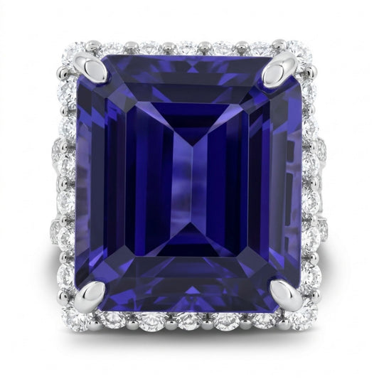 14K 15.25ct Emerald Cut Blue Wing Tanzanite 2.10cttw White Diamonds Ring