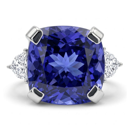 14K 9.10ct Cushion Blue Wing Tanzanite 0.35cttw VS White Diamonds Ring